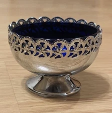 Vintage Celtic Quality Plate Cobalt Blue Glass Bowl Jam Dish in Metal Caddy READ