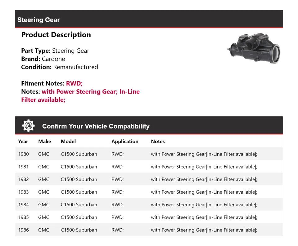 Engrenagem de direção Cardone 1981 1982 1983 1984 para 1980-1986 GMC C1500 Suburban RWD - Imagem 2 de 4