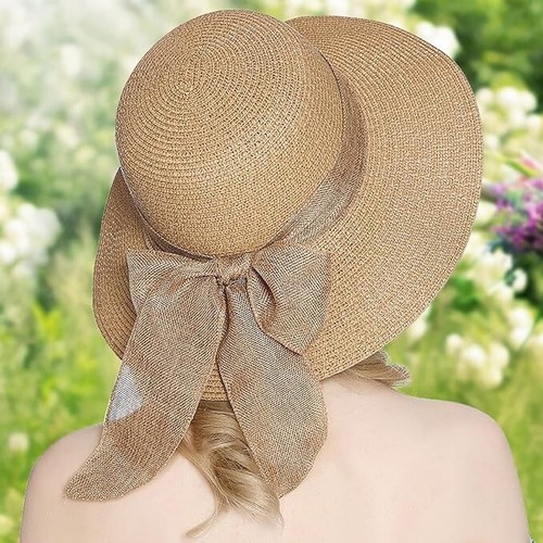 Straw Hat, Sun Hats for Women Wide Brim Sun Hat w/ Wind Lanyard + Hair Scruncies - Picture 5 of 8