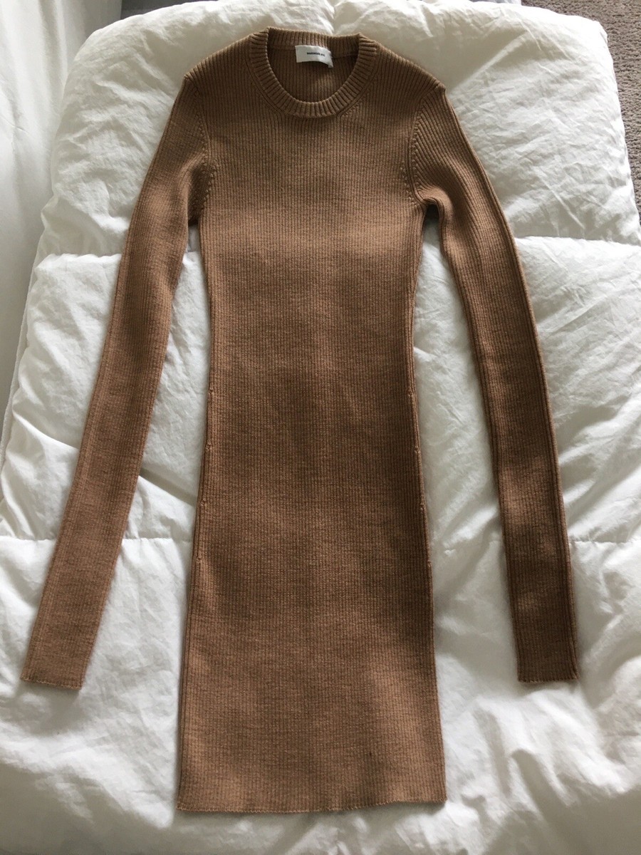 WARDROBE.NYC TAN RIBBED MERINO WOOL LONG SLEEVE MINI DRESS