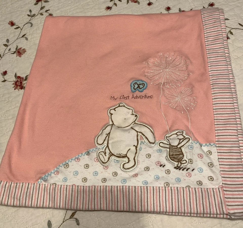 Disney Classic Pooh Baby Blanket My First Adventure Pink Piglet Stripes Cotton - Image 2 of 4