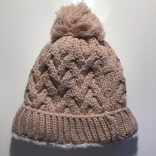 Women  s Light pink knit crochet lined hat cap with pompom beanie