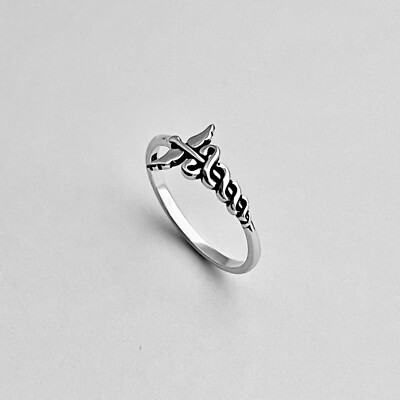 Sterling Sterling Caduceus Ring, Medical Sign Silver Ring, Snake Ring, Angels