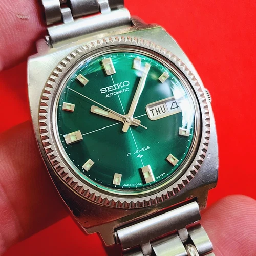 Seiko Green Dial Automatic Watch Day Date Bracelet 7009-7017 Vintage For Repair