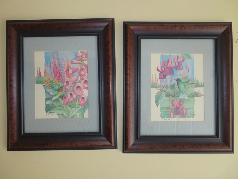 Paar P. Brent Kolibri Blumen Aquarell Lithographie Blumenstrauß gerahmt