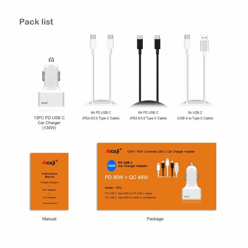 Atcuji 130W 90W PD USB C Car Charger for Dell XPS 13 15 Laptop Tablet Smartphone - Picture 5 of 8