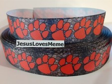 Grosgrain Ribbon Bright Orange Paw Prints on Stones Pebbles Camo Dogs Pets, 7/8"