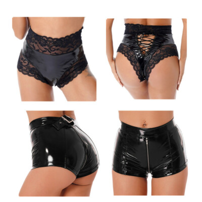 Damen Spitze Lackleder High Rise Rave Booty Shorts Hot Pants Sexy Nightclub Wear
