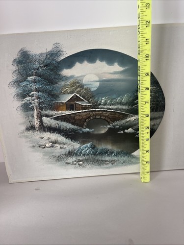 Stein Brücke Gemälde Snowy River Moon Original Acryl Signiert 16x12 Vintage 89 - Bild 11 von 13