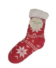 Sherpa Lined Non-Slip Women's Red Snowflake Slipper Socks One Size Fits Most