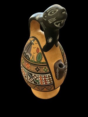 Cusco Peru Inca Style Handmade & Hand Painted Jaguar Clay Pitcher Decor