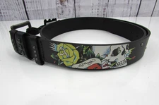 Ed Hardy Men's Skulls and Roses Printed Black Belt With Rivet Studs Size 38