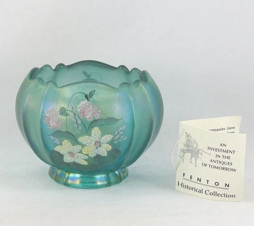 Fenton 2759 ST Stiegel Green Stretch 3½" Rose Bowl HP Wind Flowers Rare