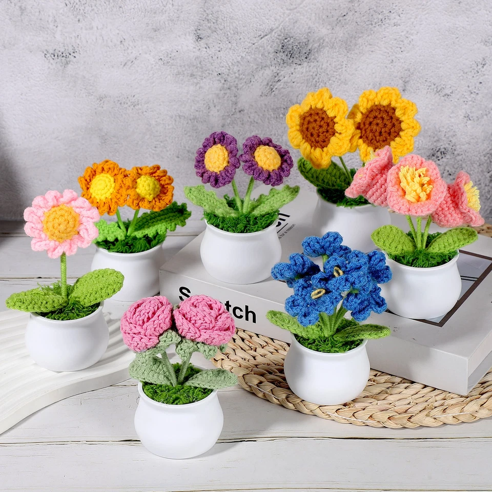 3 Pcs Crochet Flowers Potted Daisy Lily of the Valley Forget-Me-Not Knitted Foto 4 de 4