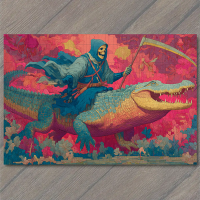 #ad POSTCARD Grim Reaper Skeleton Riding Alligator Surreal Fantasy Color $6.65