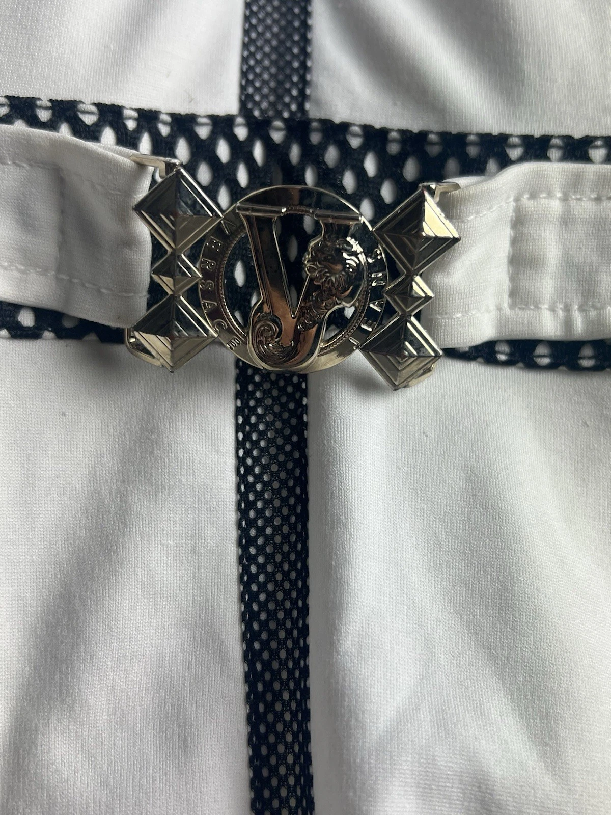 Abito Versace bianco nero taglia UK 10 bodycon elasticizzato fantasia geometrica