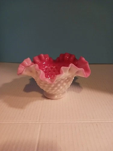 Vintage Fenton Hobnail Cranberry Pink Milk Glass Ruffled Trinket/Candy Dish MCM