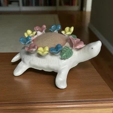 Vintage Royal Coronets Turtle Pin Cushion Ceramic Figurine Flowers Dan Brechner