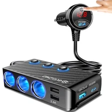 Cigarette Lighter Adapter, 222W 3 Socket Car Cigarette Lighter Plug USB Charg...