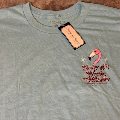 #ad Simply Southern Flamingo Christmas T Shirt XL Blue Baby Its Warm Outside NWT $24.99