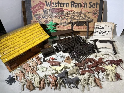 Marx Western Ranch Set W/ House Figures Animals Fence Layout & OG Box