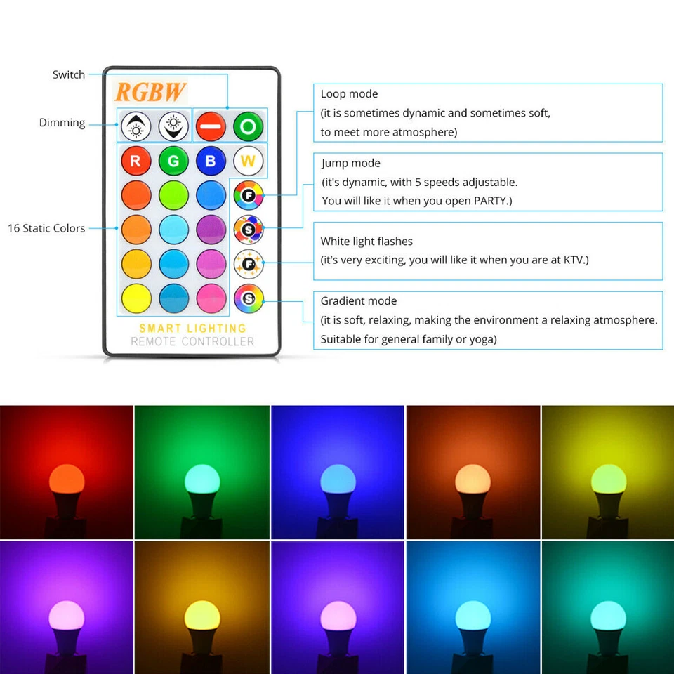 8Pcs 16 Color Changing Light Bulbs with Remote Dimmable LED Light Bulb E27 Base - Image 3 of 4
