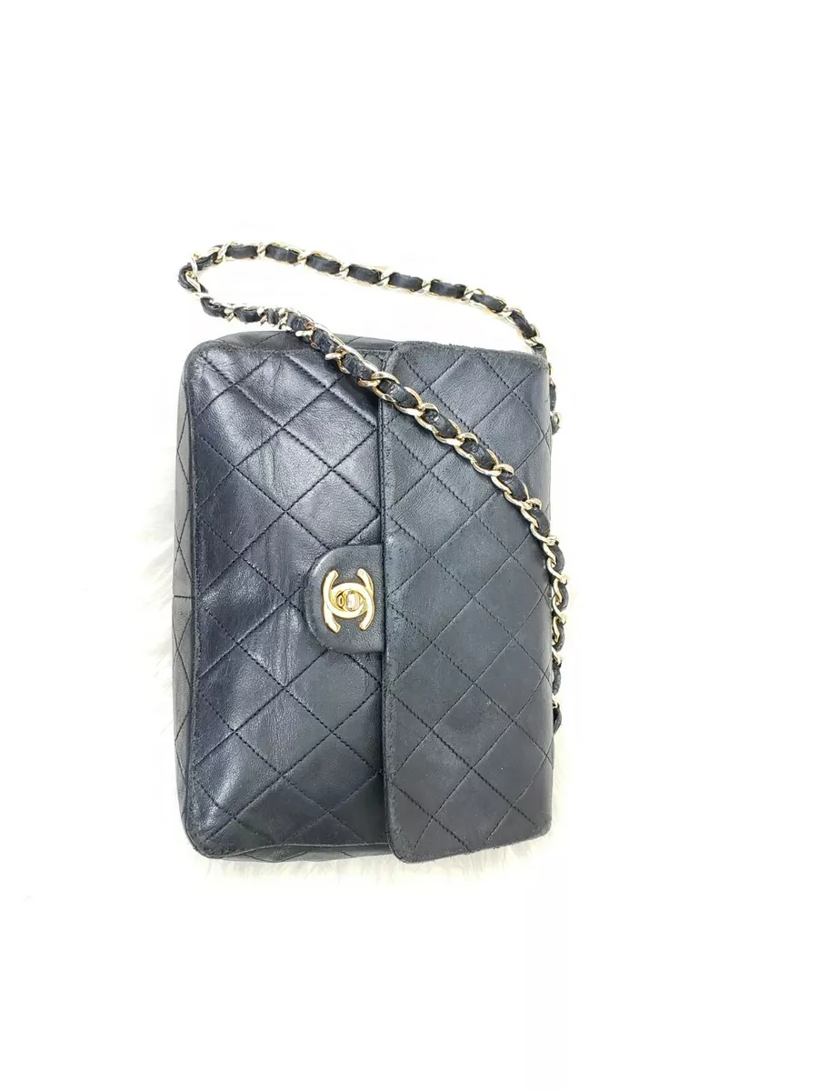 🌺VTG Auth Chanel Classic Blue Lambskin Mini Rectangular Single Flap Bag  Gold HW