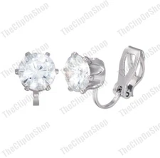 CLIP ON 8mm CZ EARRINGS cubic zirconia SILVER PLATED round brilliant cut crystal