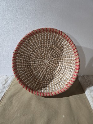 Native American Kelp/Seaweed Woven Basket w/ White & Coral Accent 10.5'' x 3.5''