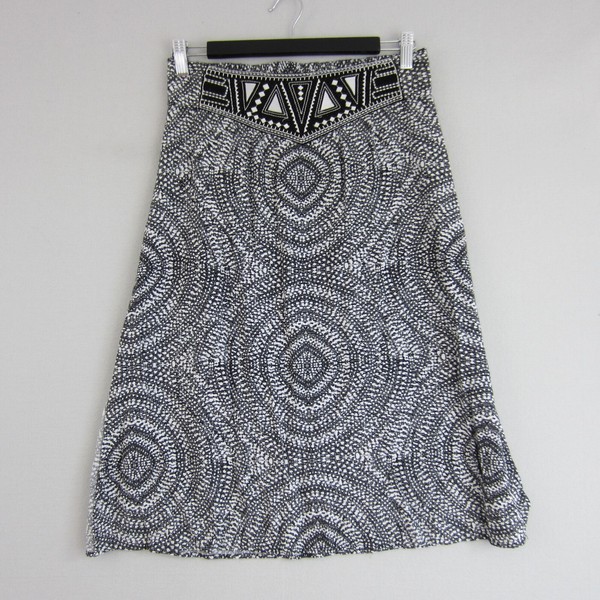 Sportsgirl Skirt Womens 8 Black White A-Line Midi Beaded Waist Abstract Print