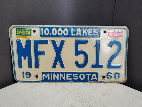 Vintage 1968 Minnesota 10.000 Lakes Nummernschild # MFX 512 abgelaufen 69 & 70 Etiketten