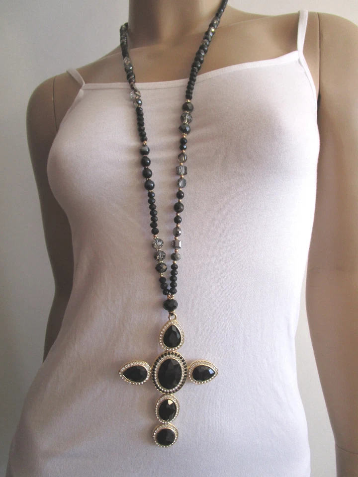 Strass Hals Kette lang Perlen Gold Schwarz Anhänger Mega XL Strass Kreuz Schwarz - Bild 2 von 4