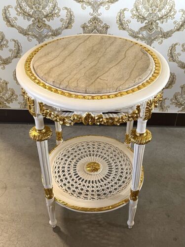 Side Table French Baroque Style with Marble Table Antique Handmade Style Beige - Afbeelding 1 van 5