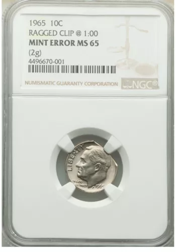 ER082 1965 10C Roosevelt Dime -- Ragged Clip @1:00 NGC MS65 (2 grams).
