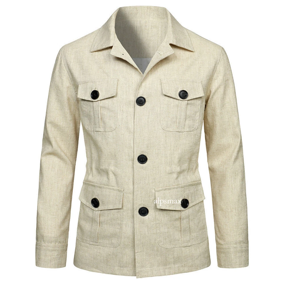 Men's 100% Linen Safari Jacket Pockets Slim Fit Hunting Coat Casual Tops British - Image 4 of 4