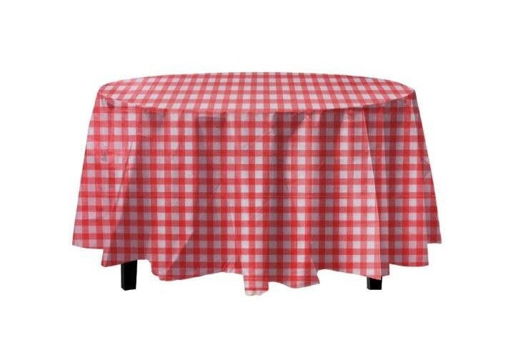 Red Gingham Round Plastic Tablecloth 84" Inch Diameter Table cover Checker 1 Pac
