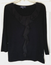 JONES NEW YORK WOMENS TOP SIZE M 3/4 SLEEVES BLACK RUFFLE FRONT COTTON EUC