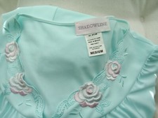 Shadow Line Aqua Teal Robe Nylon Embroidered Rose Neckline Medium New Vintage
