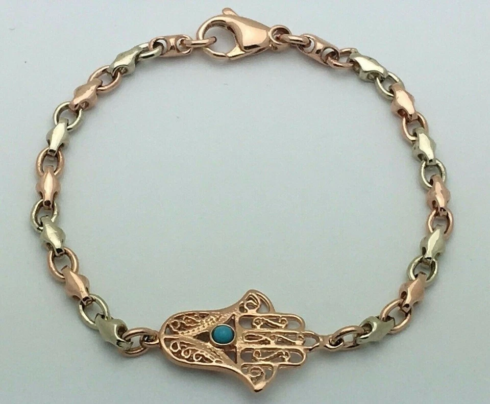 14k Two Tone Gold Hand of Fatima Hamsa Charm Bracelet with Turquoise 7" 9.5grams - Image 2 of 4
