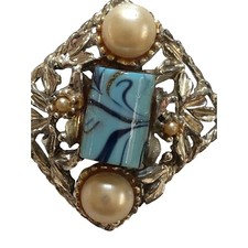 Vintage Clip On Earrings Silver Metal Around Blue Bead and Faux Pearls