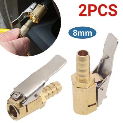 2 x Tyre Valve Air Chuck Inflator Pump Connector Adapter Brass Clip on Car 8mm
