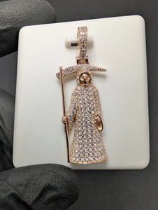 Authentic 2Ct Real Moissanite Grim Reaper Pendant 14K Rose Gold Plated 925 Sterling Silver