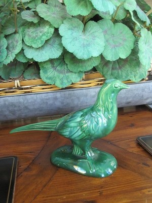 MID CENTURY MODERN GREEN GLAZED INSIDE & OUT PHEASANT FIGURINE
