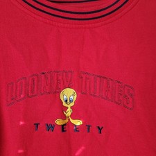Vintage Looney Tunes Tweety Bird Embroidered Sweatshirt Red Ribbed Crewneck L