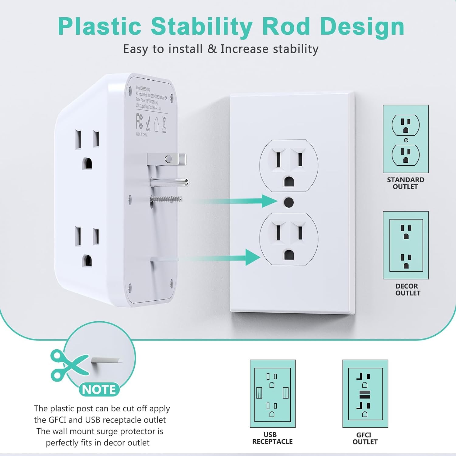 Multi Plug Wall Outlets, 6-Port Outlet Extender with 4 Charging USB White 