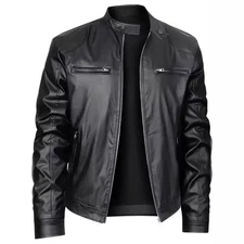 Men's Stand-Up Collar Slim Leather Jacket Zipper