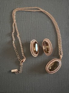 Authentic 14k Rose Gold Plated Rolled Amber  Stone Jewelry Set Earrings Necklace Ring 8