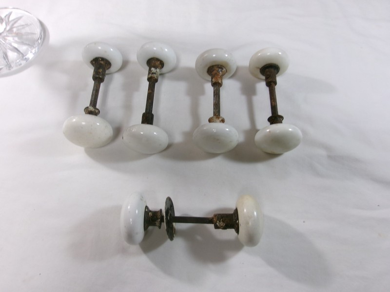 Vintage WHITE PORCELAIN  Door Knobs w/Spindle-Five Sets In Total