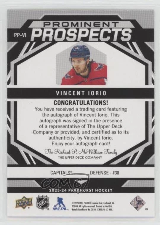 2023 Parkhurst Prominent Prospects Red /10 Vincent Iorio #PP-VI Rookie Auto RC - Image 2 of 3