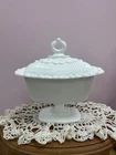 Vtg Indiana Milk Glass Doric Lace Edge 1960s Pedestal Lidded Candy Dish Cottage